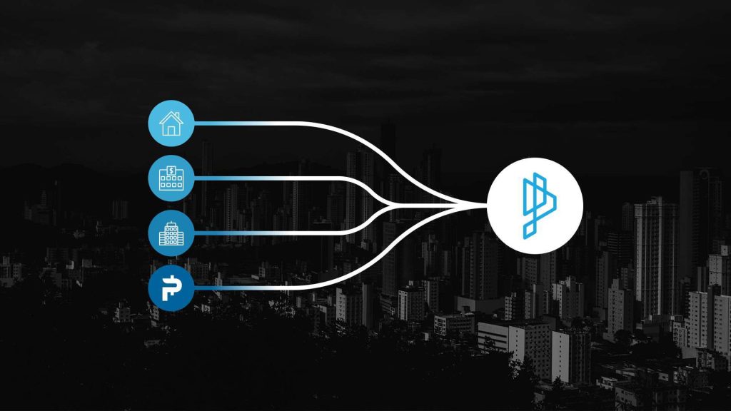 Image of a digital token on a virtual background with a real estate building silhouette representing the concept of real estate tokenization